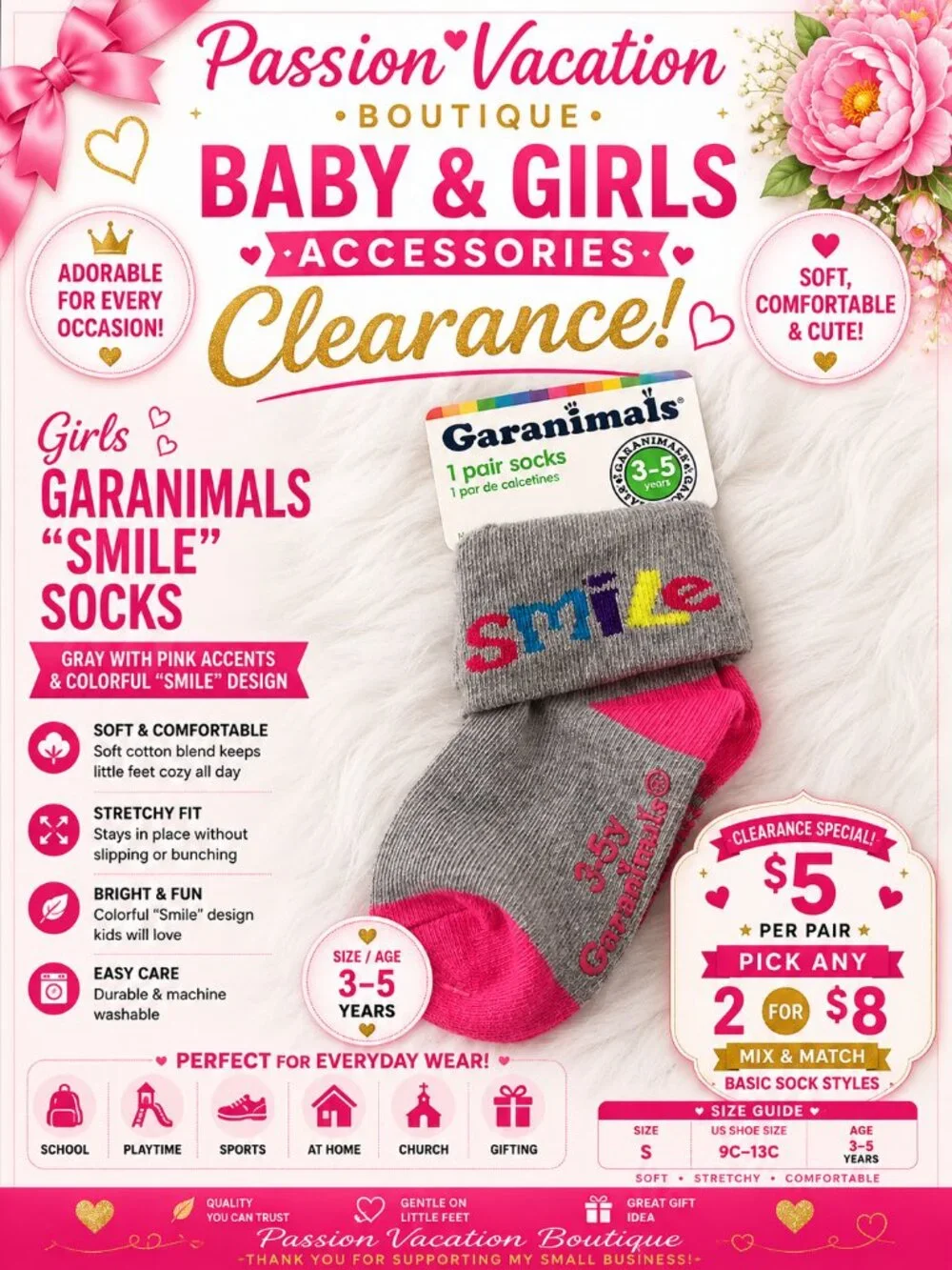 Garanimals Girls Smile Socks Gray & Pink | Size 3–5 Years | New